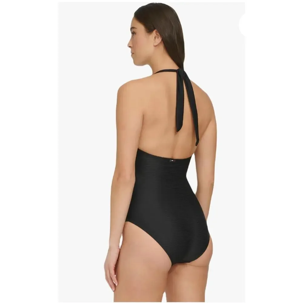TOMMY HILFIGER NWT Black Plunge Halter Swim Suit // 8